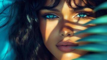 Young woman with captivating eyes illuminated by natural light and shadow patterns photo