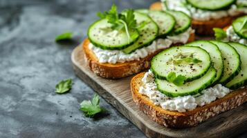 Fresh cucumber slices on creamy cheese spread atop toasted bread with herbs in a rustic setting photo