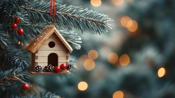 Miniature wooden house perched on frosty pine branches during winter photo