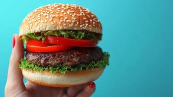 Delicious sesame seed burger with lettuce and tomato against a blue background photo