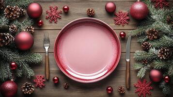 Festive holiday table setting with pink plate, silverware, and winter decorations photo