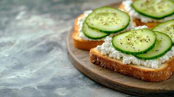 Fresh cucumber slices on creamy cheese spread atop toasted bread with herbs in a rustic setting photo