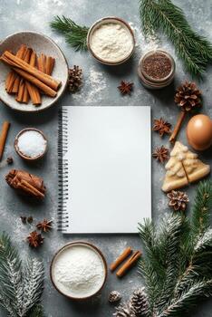 Festive baking preparation with spices, cookies, and festive decorations on a countertop photo