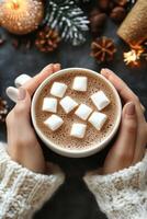 Warm holiday hot chocolate topped with marshmallows and cookies on a festive table photo