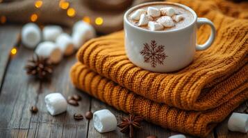 Cozy sweaters and a warm coffee cup with marshmallows on a wooden table in autumn photo