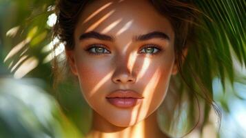 Young woman with captivating eyes illuminated by natural light and shadow patterns photo