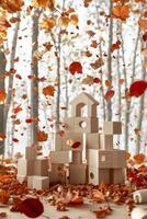 Colorful autumn leaves and wooden toys arranged on a blue background in fall setting photo