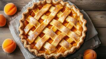 Lattice-top peach pie on a rustic wooden table with fresh apricots nearby photo