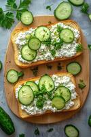 Fresh cucumber slices on creamy cheese toast stacked on a wooden cutting board photo