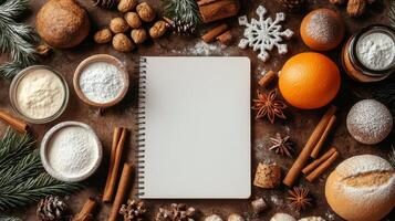 Festive holiday ingredients and decorations arranged around a blank recipe card photo