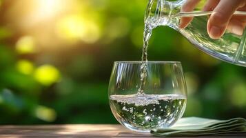 Pouring sparkling water into a glass on a sunny day in a garden photo