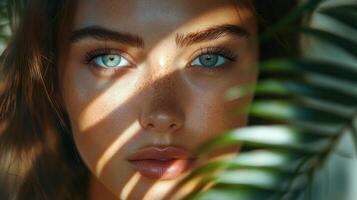 Young woman with captivating eyes illuminated by natural light and shadow patterns photo