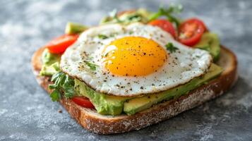 Avocado toast with fried egg on whole grain bread on a dark surface with fresh ingredients photo