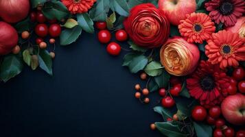A beautifully wrapped black gift box adorned with red ribbons and surrounded by foliage photo
