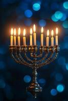 Menorah with lit candles glowing against a blurred festive background during Hanukkah celebrations photo