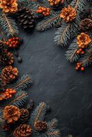 Holiday pine and red berry arrangement on a dark textured surface photo