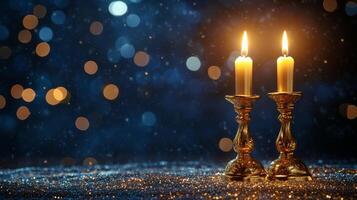Brightly lit menorah with candles glowing against a backdrop of blue and golden lights at night photo