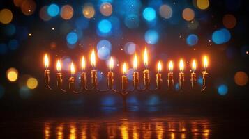 Brightly lit menorah with candles glowing against a backdrop of blue and golden lights at night photo