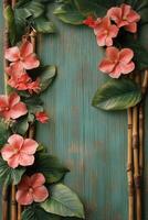 Delicate pink blossoms cascading over a weathered blue wall in a serene indoor setting photo