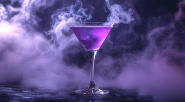 This vivid purple cocktail, enhanced by swirling liquid nitrogen fog, creates an enchanting atmosphere perfect for celebrating special occasions and leaving a lasting impression on everyone photo