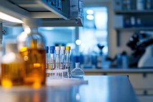 A modern lab table highlights a variety of glassware, vials, and an advanced microscope, illustrating a wellequipped scientific environment that promotes discovery and innovation photo