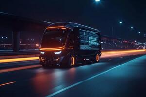 Experience the future of package delivery with a hightech selfdriving van, easily tracked and managed via a smartphone app, enhancing efficiency in urban logistics and transportation networks photo
