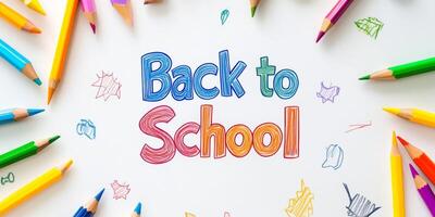 A bright and colorful Back to School message, artfully surrounded by vibrant pencils, celebrating the joyful start of the school year, inviting creativity and excitement in every students life photo