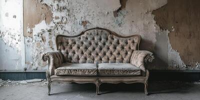 A tufted couch against a weathered wall evokes vintage charm and nostalgia in this abandoned setting, creating a retreat for cherished memories and meaningful experiences to resurface photo