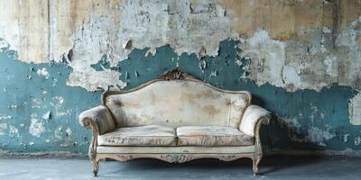 An old, ornate couch elegantly rests against a peeling wall, which evokes a powerful sense of nostalgia and timeless elegance, creating a captivating atmosphere in this abandoned space photo
