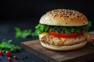 A mouthwatering chicken burger featuring a grilled chicken patty, lettuce, tomato, and melted cheese, all in a sesame seed bun photo