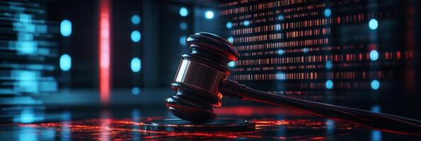 A striking and powerful image features a judicial gavel prominently positioned against the backdrop of a hightech AI data center, effectively blending themes of justice with cuttingedge technology photo