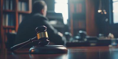 Closeup of a gavel on a courtroom bench with a judge in the background, symbolizing justice in proceedings photo