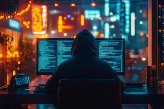 In a dim room, a solitary hacker sits at a desk, surrounded by glowing screens of intricate code, reflecting the challenges at the intersection of technology and cybersecurity threats photo