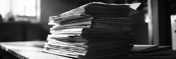 This monochrome image beautifully captures a neatly stacked pile of documents, evoking a strong sense of nostalgia and reflecting the significant role that paperwork plays in our daily lives photo