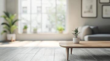 A serene Scandinavian design features a cozy couch, rustic wooden table, and inviting greenery, creating a warm, welcoming space ideal for relaxation, simplicity, and comfort in everyday living photo