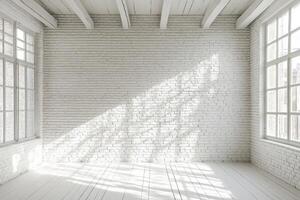 The serene interior design features white brick walls and large windows that let in natural light, creating a peaceful, airy atmosphere that invites relaxation and comfort for all who enter photo