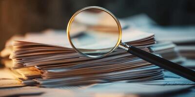 A stack of documents, carefully examined under a powerful magnifying glass, sheds light on intricate details, emphasizing the importance and significance of the paperwork being scrutinized photo