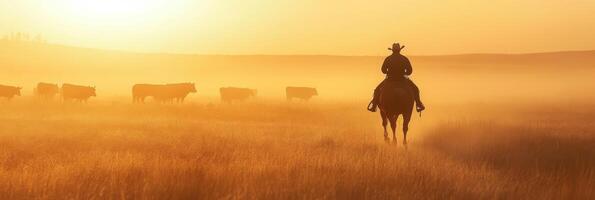 A skilled cowboy rides proudly through golden fields, expertly guiding a spirited herd of cattle under the warm glow of a breathtaking sunrise, creating a serene scene of ranch life photo