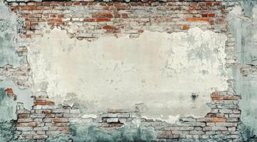 This image portrays a weathered brick wall that showcases exposed bricks along with peeling paint, which offers plenty of open space for innovative and creative designs. Ideal for artistic projects photo