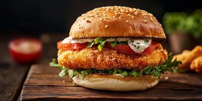 Enjoy a crispy chicken burger topped with fresh lettuce, juicy tomatoes, and tangy sauce, all in a warm sesame seed bun, providing a satisfying and flavorful meal that will leave you wanting more photo