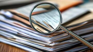 The image shows a closeup of a neatly arranged stack of documents highlighted by a magnifying glass, emphasizing the importance of scrutiny and attention to detail in professional paperwork photo
