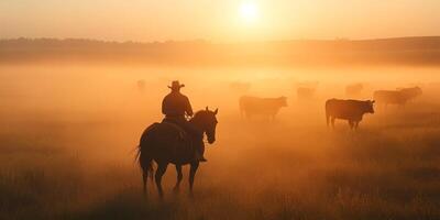 A skilled cowboy rides on horseback, expertly guiding a large herd of cattle through a misty field at sunrise, vividly capturing the essence of ranch life along with the unparalleled beauty of nature photo