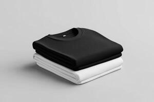 Here is an elegant and sleek mockup featuring a set of folded black and white square tshirts. These tees are perfect for effectively showcasing your unique minimalist fashion style and approach photo