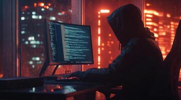 In a dim room with vibrant city lights reflecting off the windows, a mysterious hacker in a dark hoodie types intensely on a computer, exploring complex themes of technology and cyber activity photo