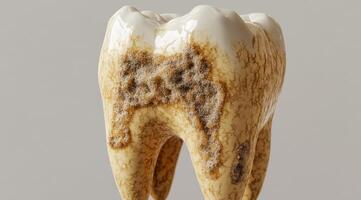 This realistic 3D model of a decayed tooth illustrates plaque buildup and dental deterioration, serving as a valuable educational resource for students and professionals in dentistry photo