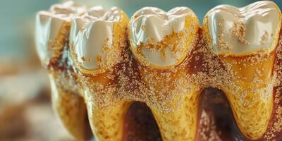 This detailed 3D model of a decayed tooth illustrates plaque buildup and cavities, highlighting critical dental health issues and the need for regular oral hygiene to prevent them photo