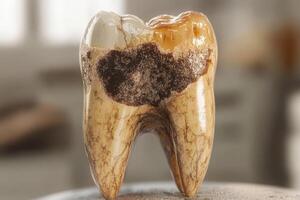 This highly detailed 3D model vividly displays a decayed tooth with extensive plaque buildup, emphasizing the severe longterm consequences of neglecting proper dental health and hygiene practices photo