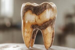 A comprehensive and intricate 3D model that illustrates a decayed tooth, featuring prominent visible plaque buildup, effectively highlighting various significant dental health issues that can arise photo