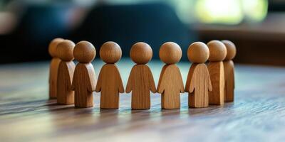 A circle of diverse wooden human figures symbolizes teamwork, unity, and community. Each figure highlights the importance of collaboration and togetherness for success in any group setting photo