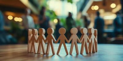 Wooden human figures standing together in a close circle symbolize the essence of teamwork, unity, and a strong sense of community spirit that thrives among all individuals who are involved photo